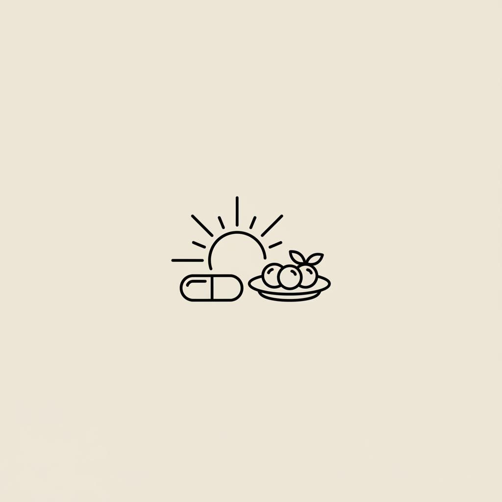 Minimalist line illustration of a sun rising above a capsule pill and a plate with a small berry cluster on a beige background — does vitamin d3 reduce cortisol?