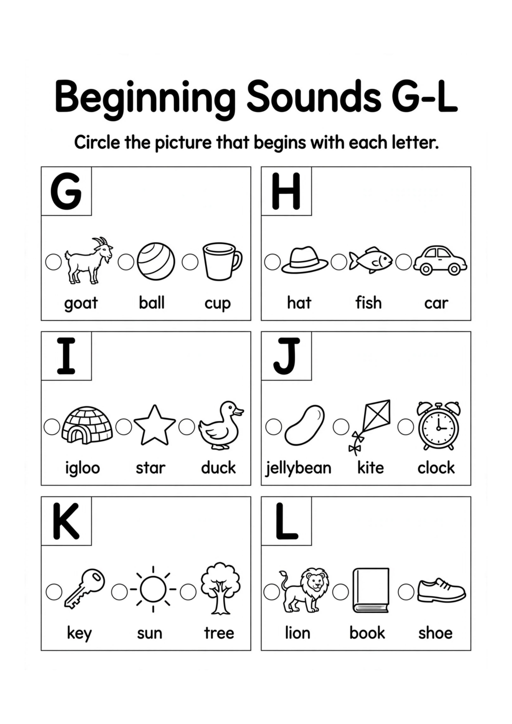 Beginning Sounds G to L Worksheet