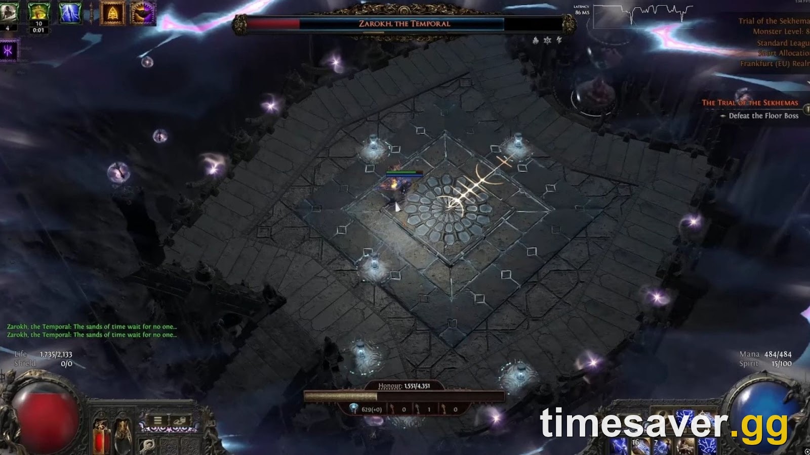 PoE2 Zarokh, the Temporal boss fight in the Trial of the Sekhemas — the boss name bar and the Honour meter at the bottom, which The Last Flame caps at 1