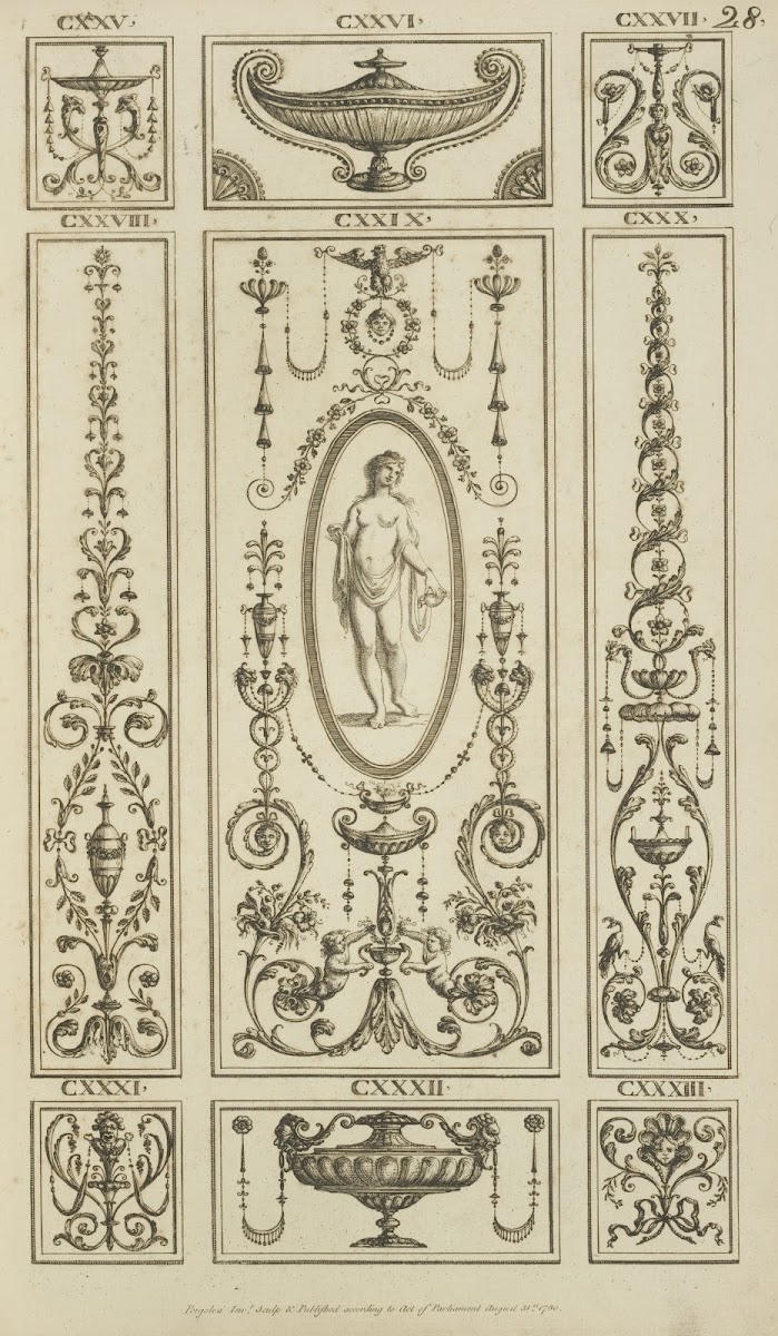 Central design of nude woman with drape holding small vase 1777   1784