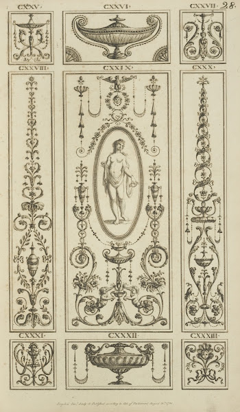 Central design of nude woman with drape holding small vase 1777   1784