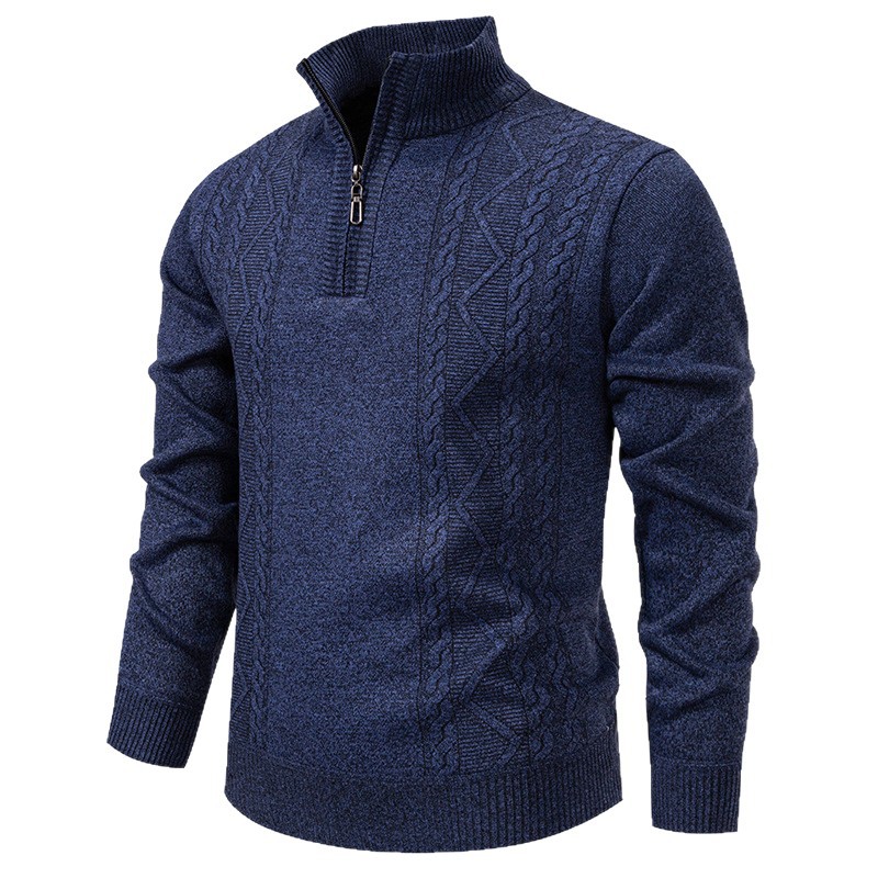 Men's knitted pullover with stand-up collar and half-zip closure