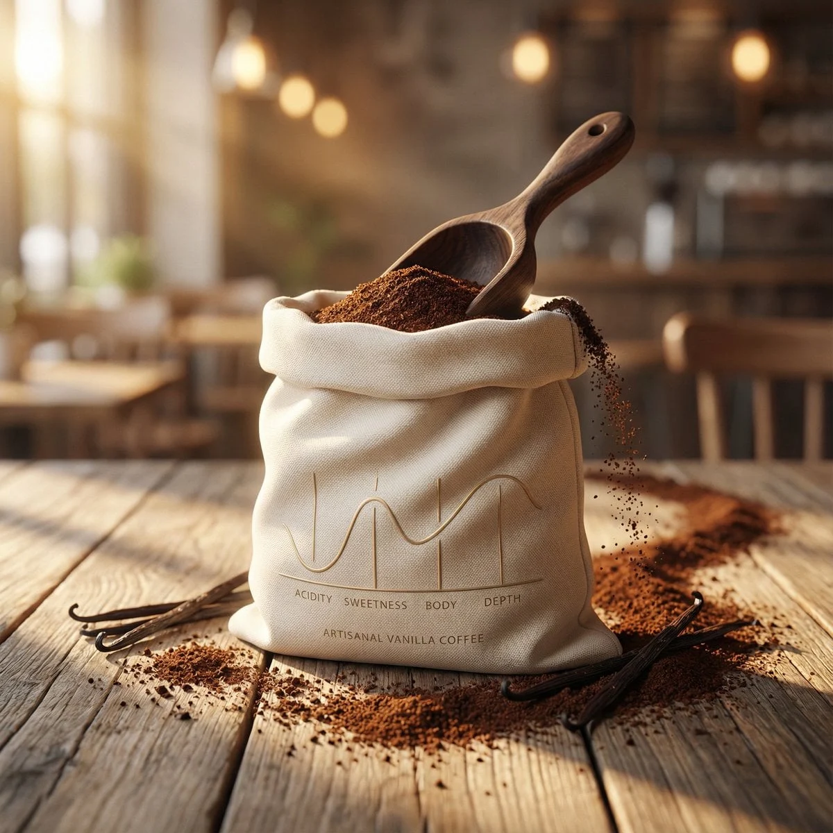 Fotografía de producto de lujo de café molido artesanal con vainilla, envasado en una suave bolsa de color marfil con forma esculpida que incluye...