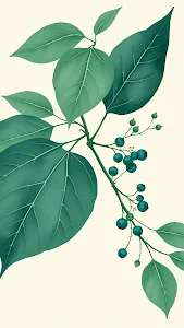 Botanical Illustration of Teal Berries and Green Foliage