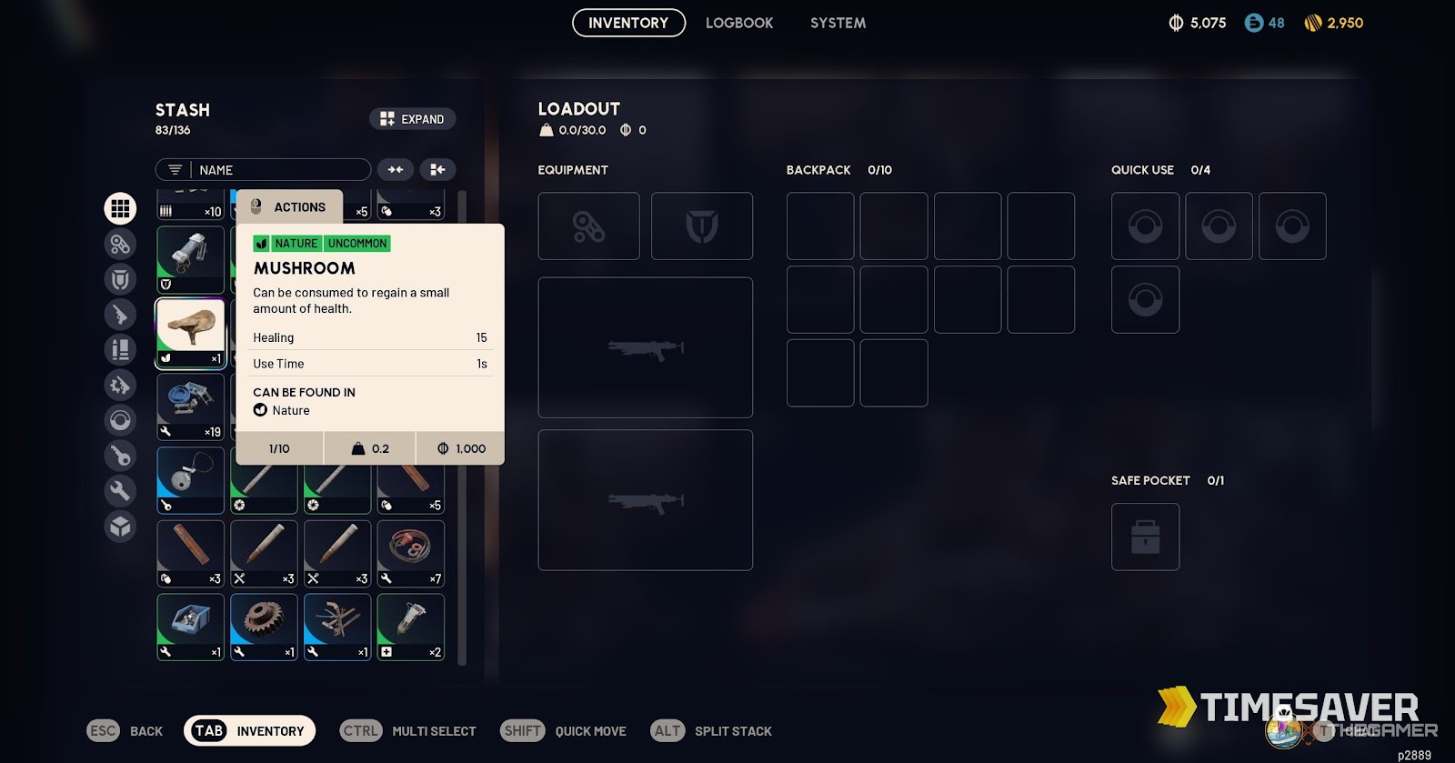 ARC Raiders Mushroom item card in the stash showing it is a Nature Uncommon healing item: Healing 15, Use Time 1s, weight 0.2, value 1,000 credits, stacks to 10