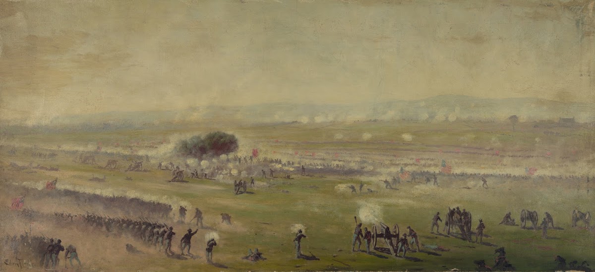 Picketts charge from a position on the enemys line looking toward the Union line