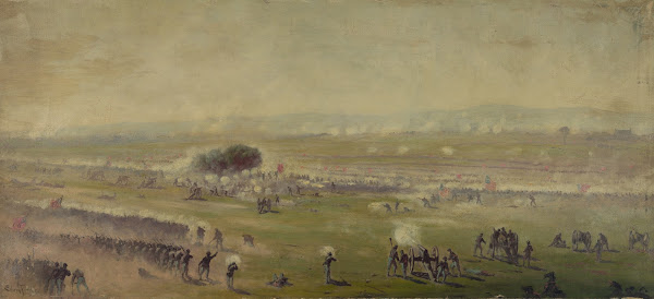Picketts charge from a position on the enemys line looking toward the Union line