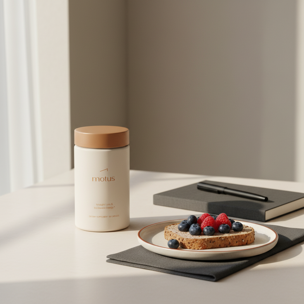 Minimalist morning kitchen table with Tonum Motus supplement jar next to a notebook, pen and whole grain toast with berries — probiotics weight loss.