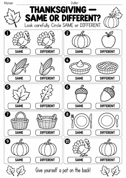 Thanksgiving Same or Different Worksheet