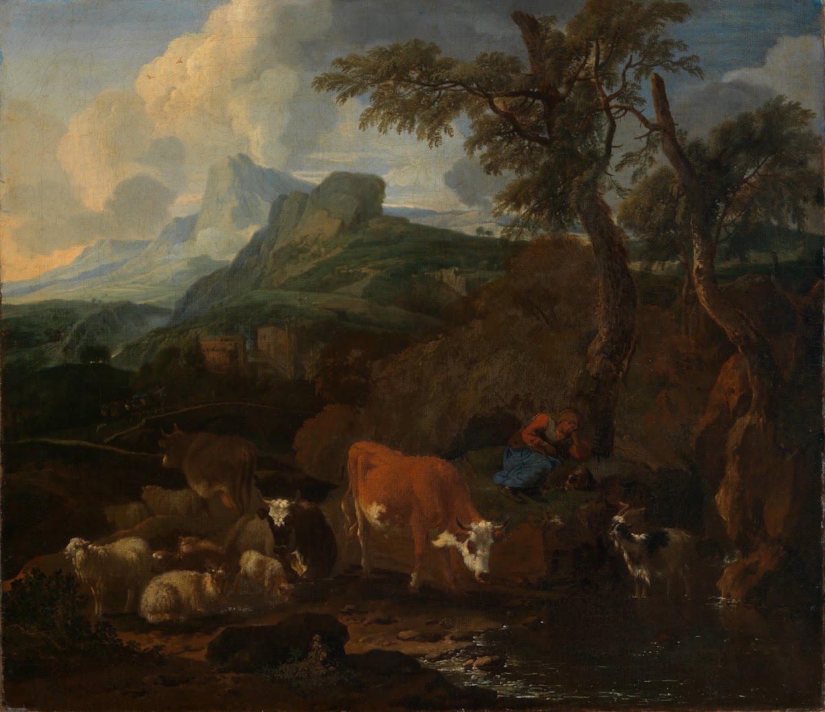 Ruhende Hirtin mit Herde in südlicher Landschaft