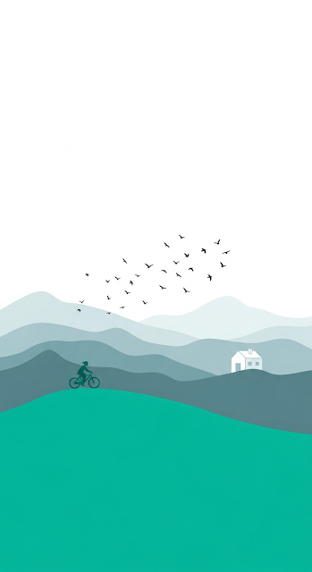 Minimalist Vector Art of a Cyclist Riding on a Turquoise Hill with a Pale Sky - Free mobile Wallpaper