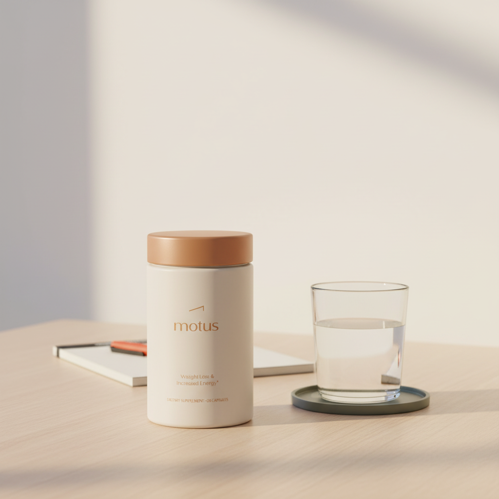Motus bottle on a light wooden table beside a full glass of water and a notepad in a minimalist morning ritual scene conveying calm health and weight loss — glucomannan vs ozempic