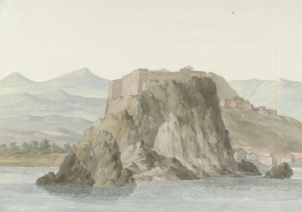 Rots en stad Scilla in de regio Calabrië gezien vanaf zee aan de noordkant 1778
