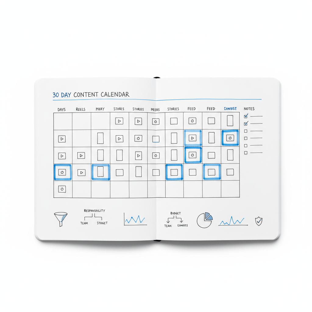Hand-sketched 30-day content calendar for a dental clinic with reels, stories and feed-post icons plus a notes column for consent and landing page checks to promote dental clinic on Instagram