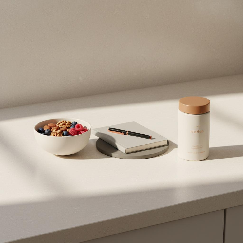 Minimal kitchen island scene with a bowl of mixed nuts and berries, notebook and Tonum Motus container to the right — supplements to reduce sweet cravings