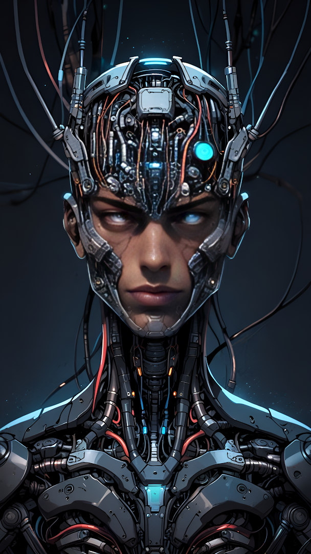 Cyborg Man Portrait with Exposed Wires and Blue Eyes