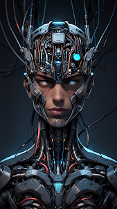 Cyborg Man Portrait with Exposed Wires and Blue Eyes