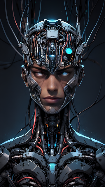 Cyborg Man Portrait with Exposed Wires and Blue Eyes - Free mobile Wallpaper