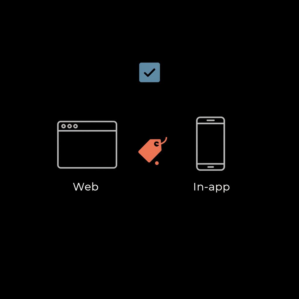 Minimal infographic comparing browser vs in-app pricing with a blue check icon and price-tag vector illustrating Twitter Blue cost in Social Success Hub palette.