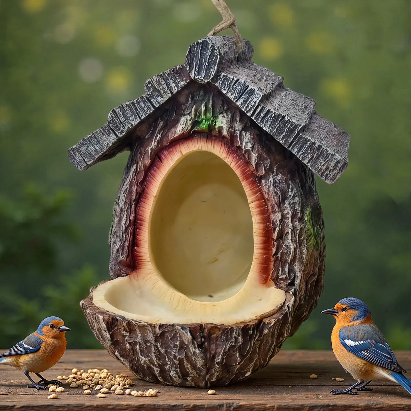 Decorative birdhouse in stump design made of resin