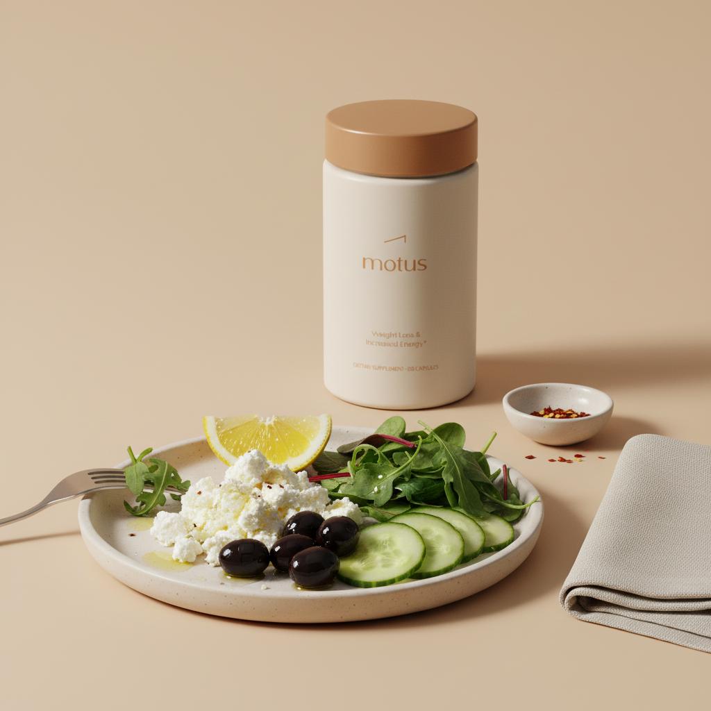 liver repair timeline — minimalist kitchen still-life with Mediterranean plate (feta, olives, leafy greens) and Tonum Motus supplement container subtly in background on beige surface