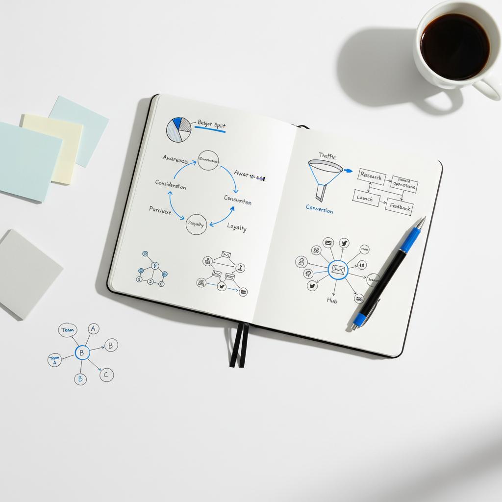 Flat-lay notebook with hand-drawn diagrams linking product entries to customer scenarios, pen with #1a5bfb accents, coffee cup and sticky notes &mdash; 7 Ps and 7 Cs in marketing