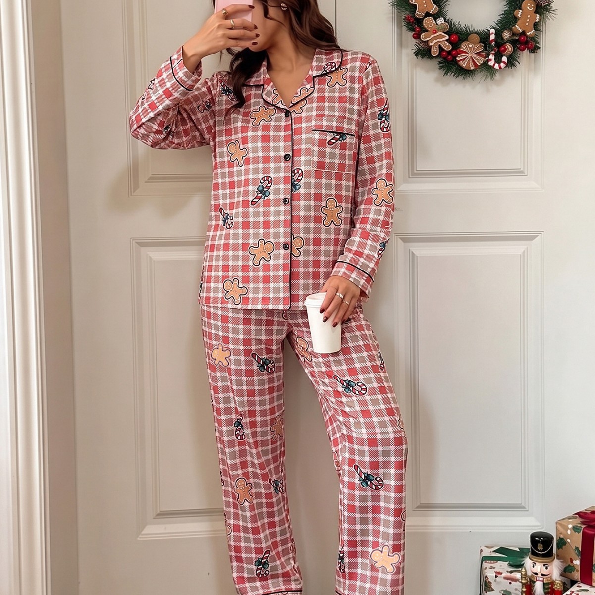 Women's pajama set with check pattern and shawl collar