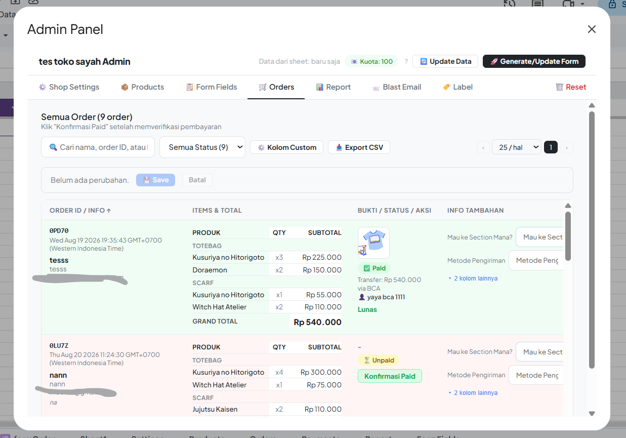 Dashboard Konfirmasi Order