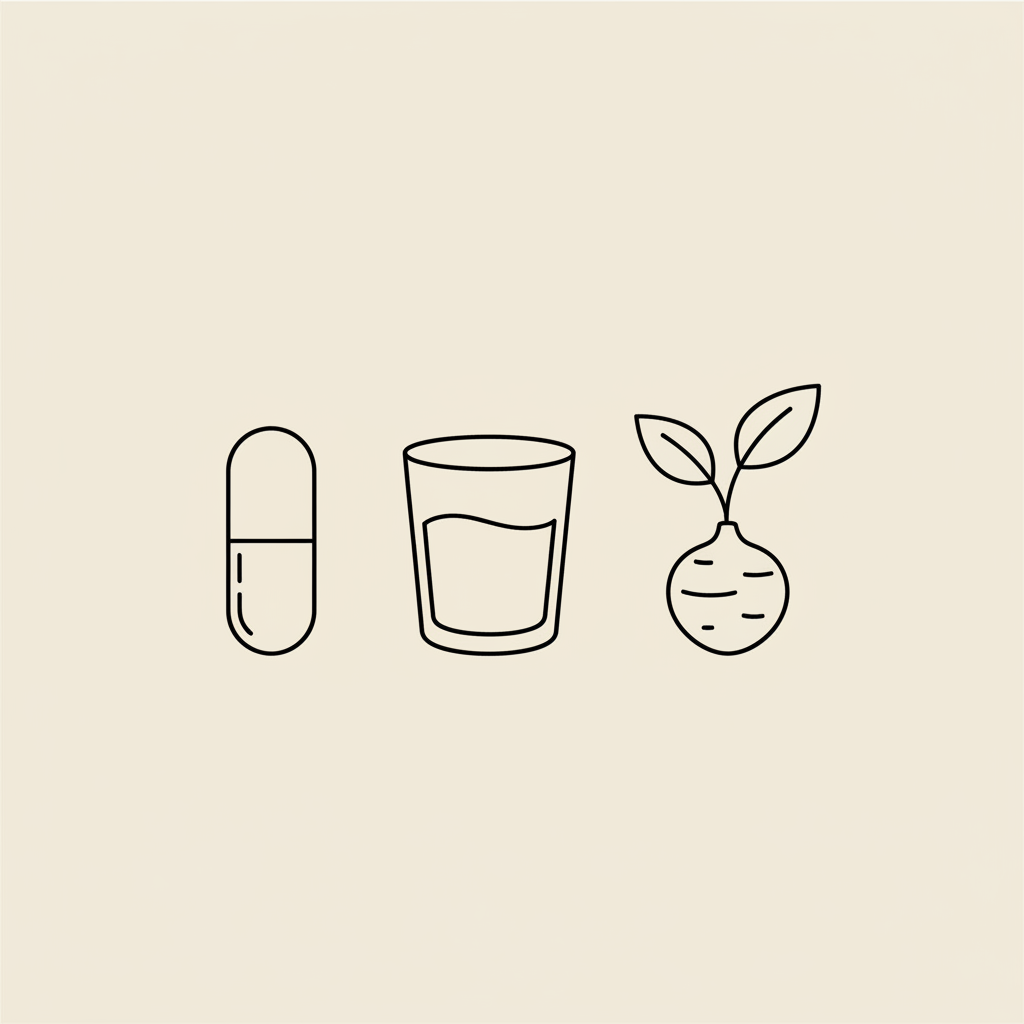Minimal Tonum-style line illustration of a capsule, glass of water, and konjac root on beige background representing glucomannan dosage
