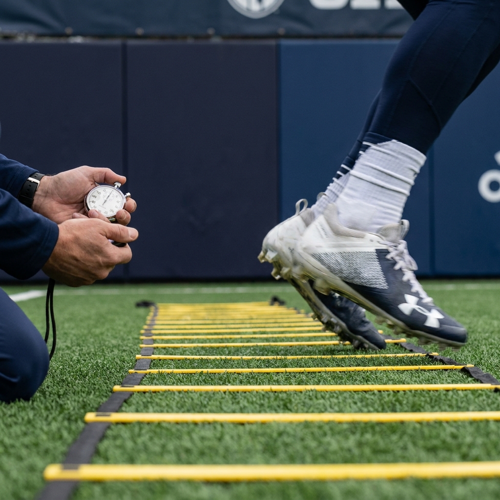 Close up of quarterback footwork ladder drill with coach timing on sideline in Funded Plays brand style american football tips