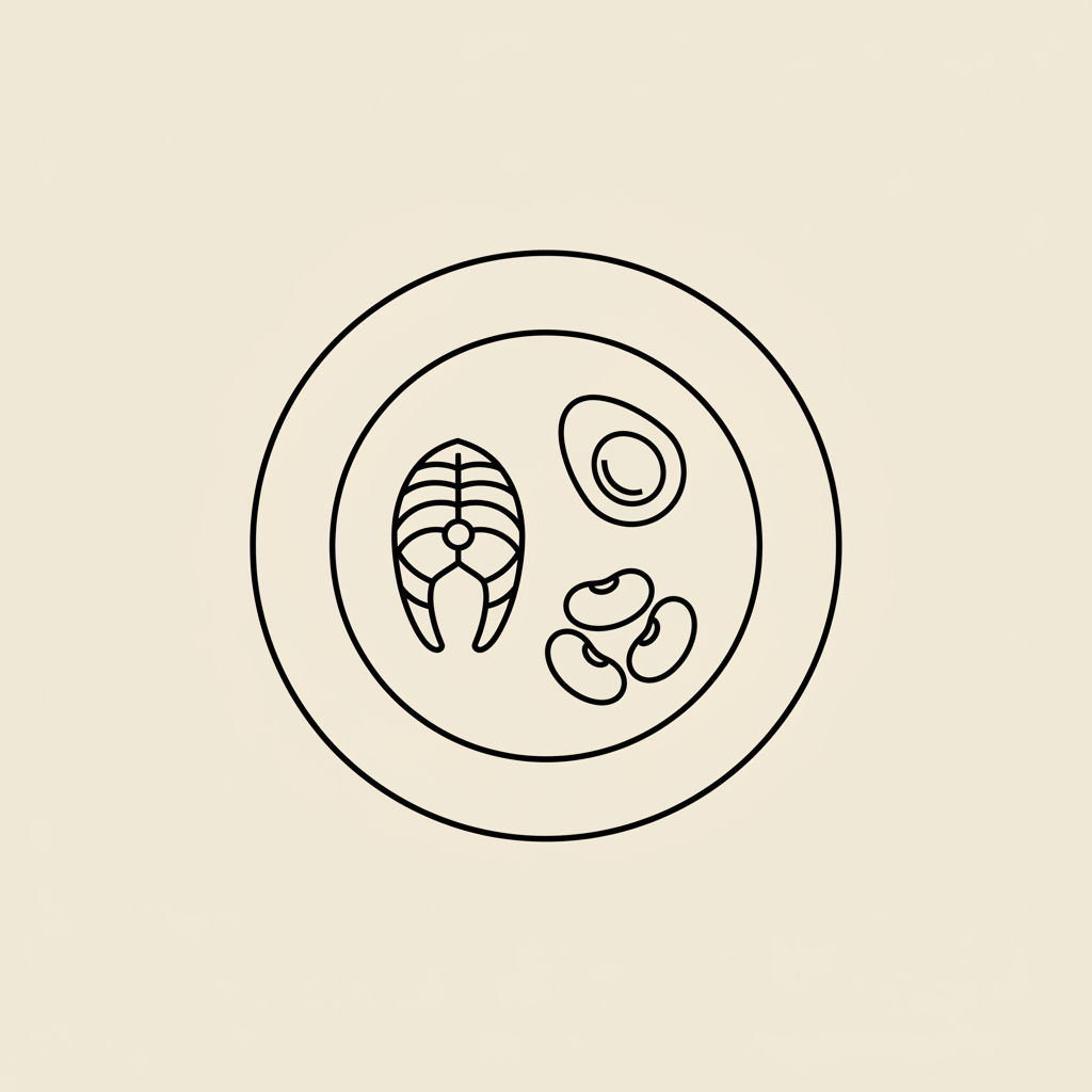 Minimalist vector line illustration of a plate with fish, egg, and beans on beige background representing protein intake for weight gain