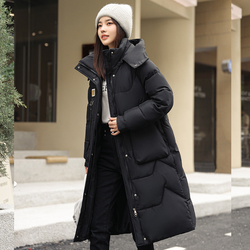 Long women's coat, knee-length, detachable hood