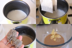Đun nóng 90ml sữa tươi rồi cho 2 gói trà túi lọc vào ngâm 3 phút thì lấy túi ra, khuấy đều. 10g bơ lạt cho vào âu rồi chế trà sữa vào cùng với bột trà của 2 túi trà vừa ngâm, trộn thật đều cho bơ tan hết. 65g bột mì rây vào âu khác. Trứng gà đập vào 1 tô khác, cho đường bột vào và cho vào nồi nước ấm, dùng máy đánh trứng đánh ở tốc độ cao.
