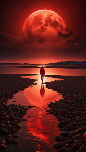 Lone Walker on River Path Under Blood Moon - Free mobile Wallpaper
