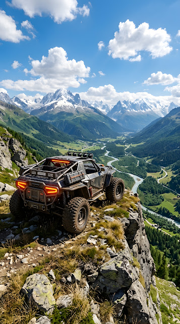 Sci-Fi Buggy Overlooking Snowy Mountain Valley - Free mobile Wallpaper