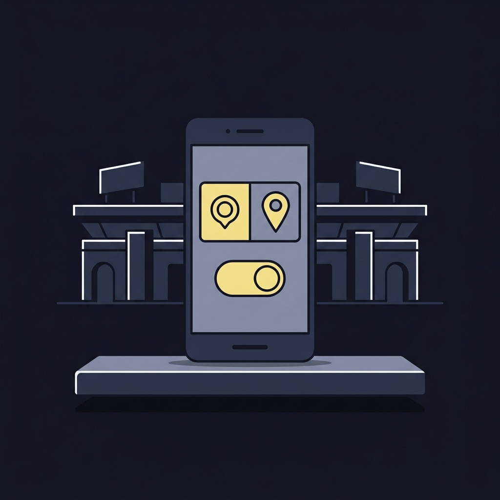 Minimal 2D vector of a smartphone with a location pin UI near a stadium entrance suggesting travel and compliance for online baseball betting applications