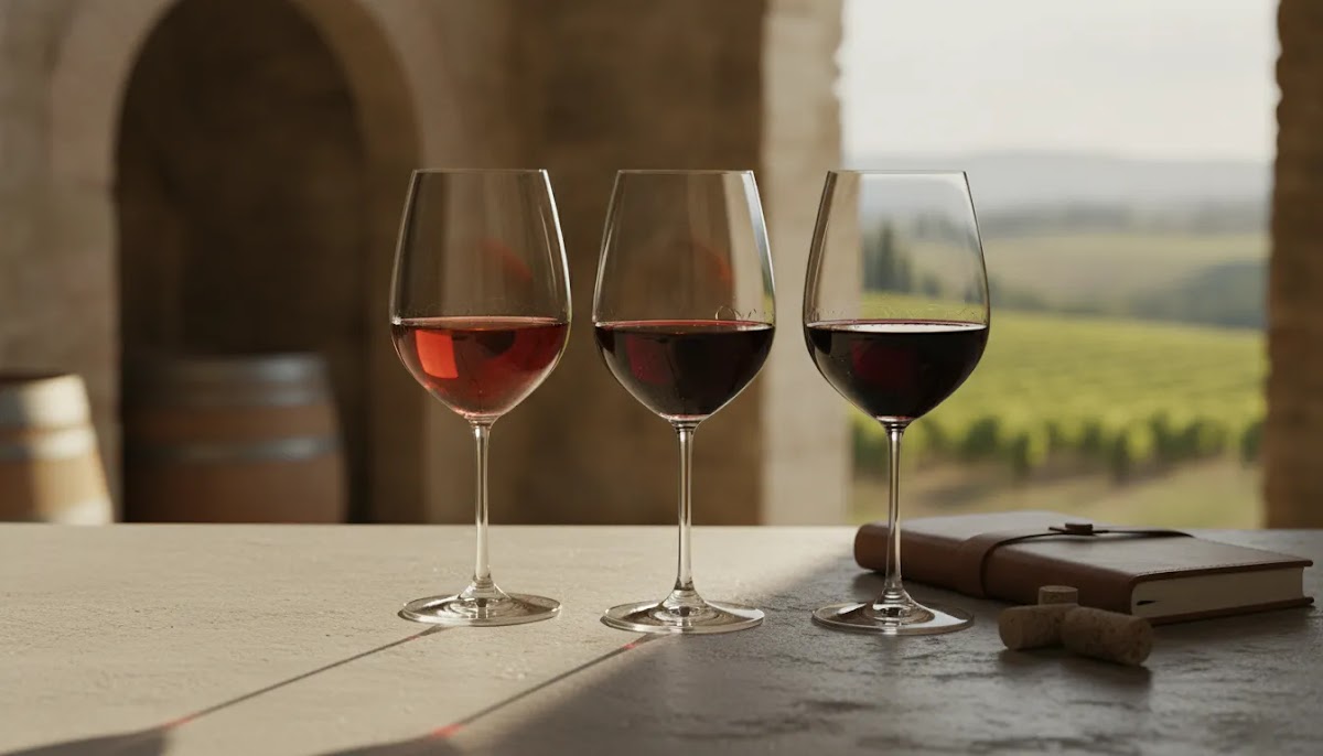 Best Tuscany wine vintages comparison with three red wine glasses showing style differences