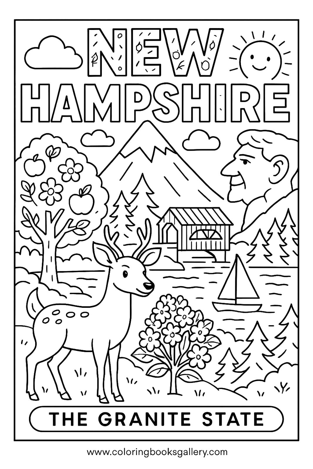 New Hampshire Educational Coloring Page – Simple Educational Printable Line Art for Kids – printable coloring page