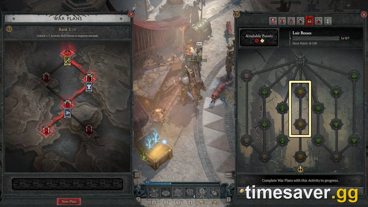 Diablo 4 War Plans rank screen next to an activity skill tree — route your points into Helltide first as a solo player