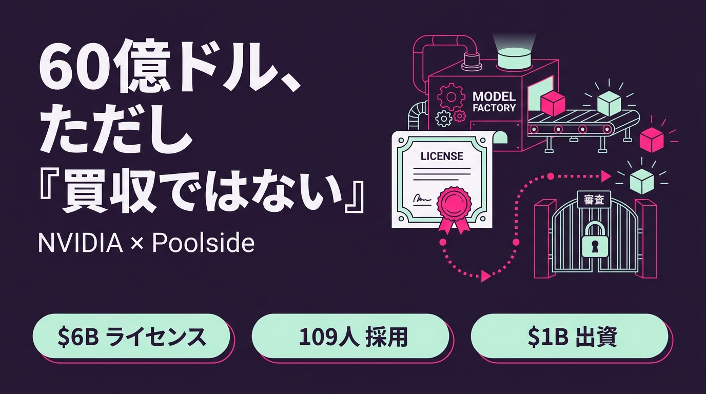 NVIDIA、Poolsideに60億ドル ただし「買収ではない」— ライセンス＋109人採用で3件目、審査を通らないM&Aの型が完成した