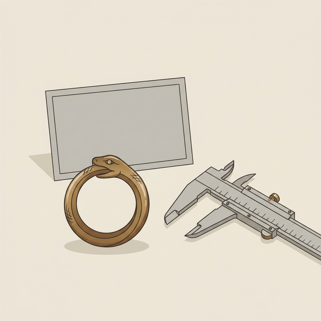 Minimalist 2D vector depiction of a historic bronze ouroboros snake ring beside measuring calipers and a provenance card on a neutral background