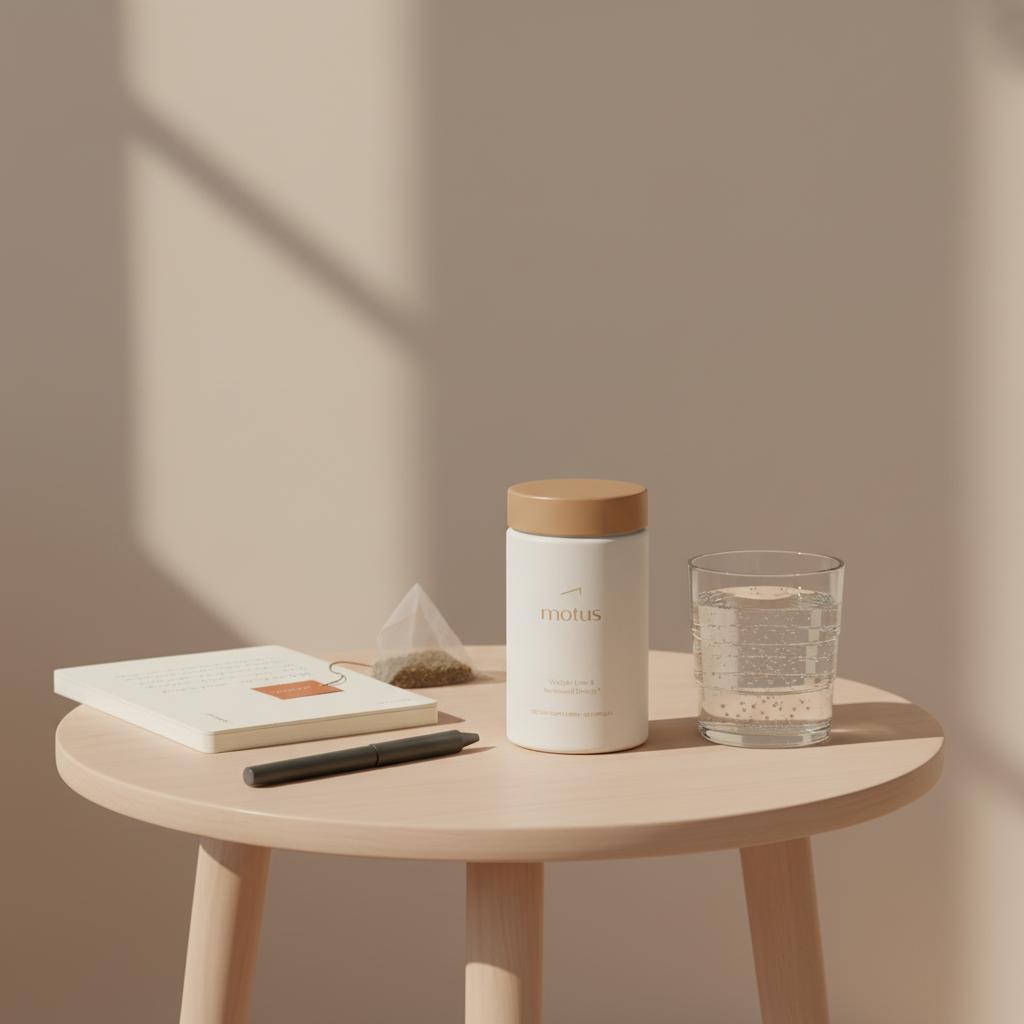 Minimalist lifestyle photo of the Motus supplement jar from the reference photo on a small wooden table with sparkling water, open notebook and herbal tea sachet, showing products that suppress hunger.