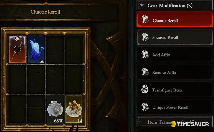 Diablo 4 Season 14 Horadric Cube gear modification menu with Chaotic Reroll, Focused Reroll and Unique Power Reroll