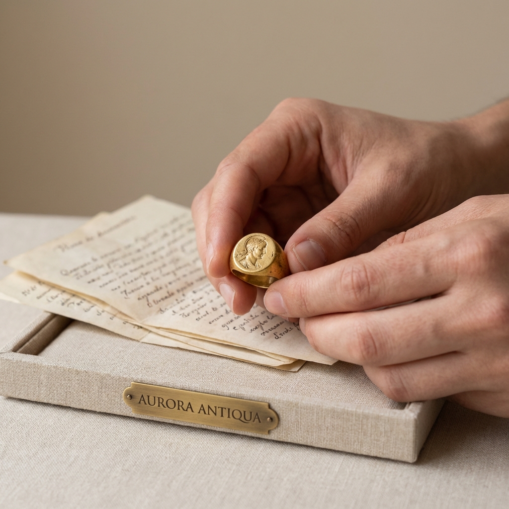 Close up of hands handling a gold ring with roman soldier motif on a padded tray in natural daylight with documentation papers partially visible beneath minimal Aurora Antiqua aesthetic