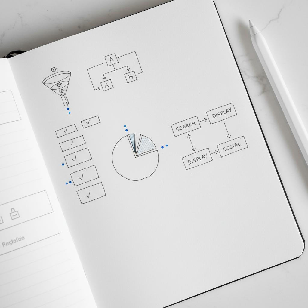 Close-up overhead planner page with annotated funnel, sticky-note sketches and arrows mapping A/B testing steps for best PPC platforms, clean lines and Agency Visible blue accents.