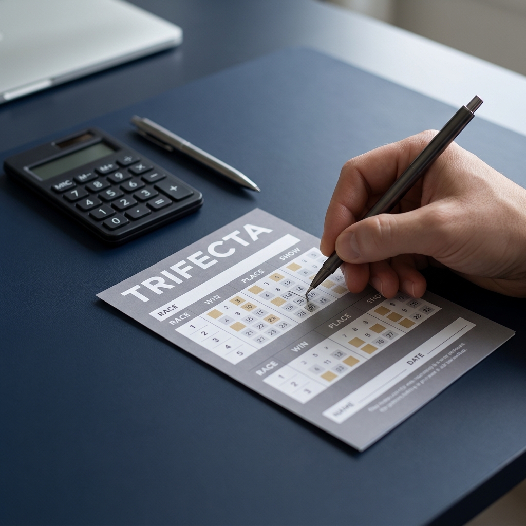 Close up of a printed trifecta betting slip with hand filling numbers, small calculator and pen on a minimalist dark Funded Plays desk showing how to bet trifecta in a clean realistic photo
