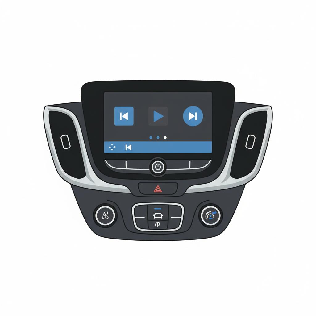 Minimalist 2D vector close up of a chevy equinox suv dashboard showing infotainment screen and driver assist icons on white background in CarFax Deals brand colors