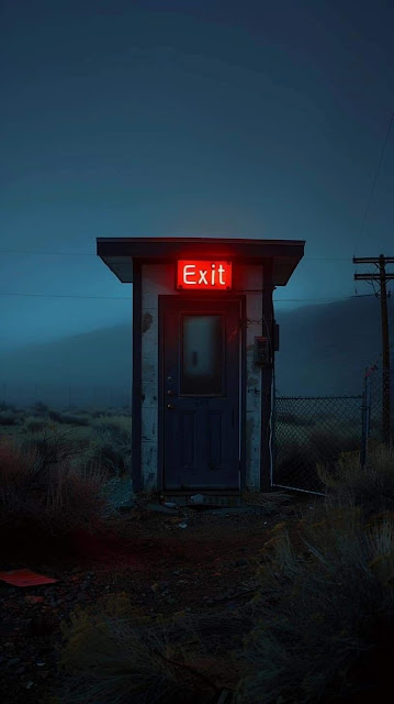 Neon Exit Sign Glowing Red in Foggy Desert Night Landscape - Free mobile Wallpaper