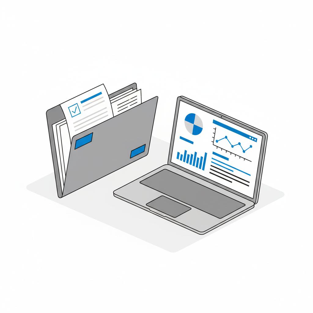 Minimalist 2D vector of a tidy service folder with printed service receipts a clean vehicle history report visible and a laptop displaying pricing charts with blue accents who pays most for used cars
