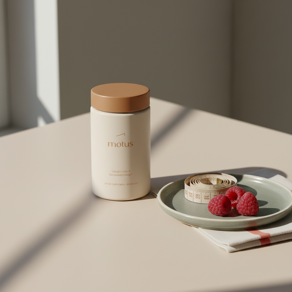 Tonum Motus container on neutral tabletop with plate of berries and measuring tape, minimalist clinical lifestyle scene for best weight loss pill FDA approved
